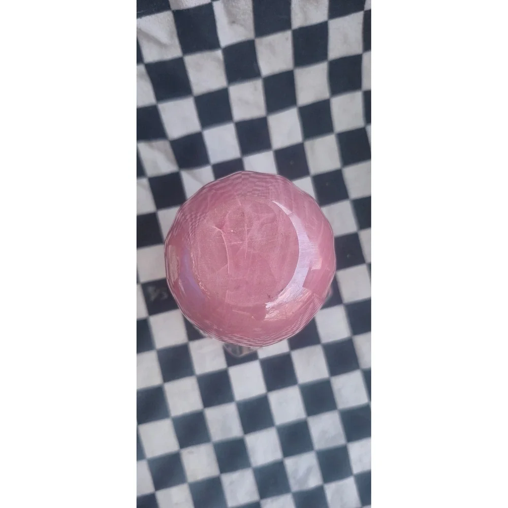 Hand‎ Blown Pink Swirl Art Glass Vase Ruffled Handkerchief Rim 5 Inch